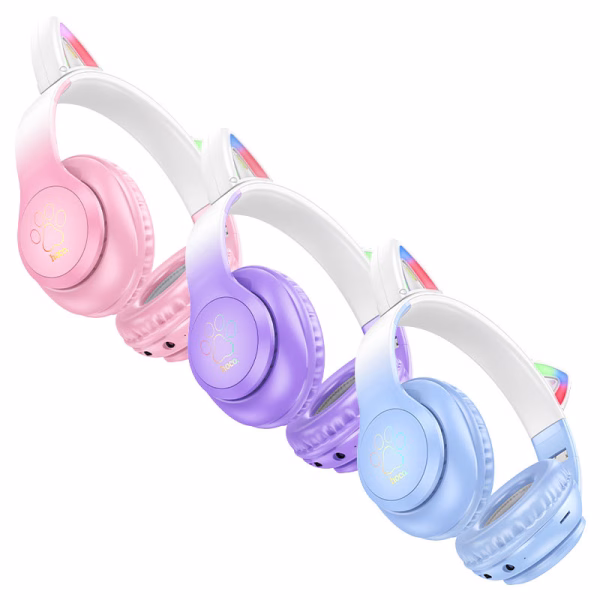 HOCO W42 – Casque Bluetooth 5.3 avec Oreilles de Chat LED en Algérie – coloris Violet Raisin, Fleur de Cerisier et Bleu Cristal