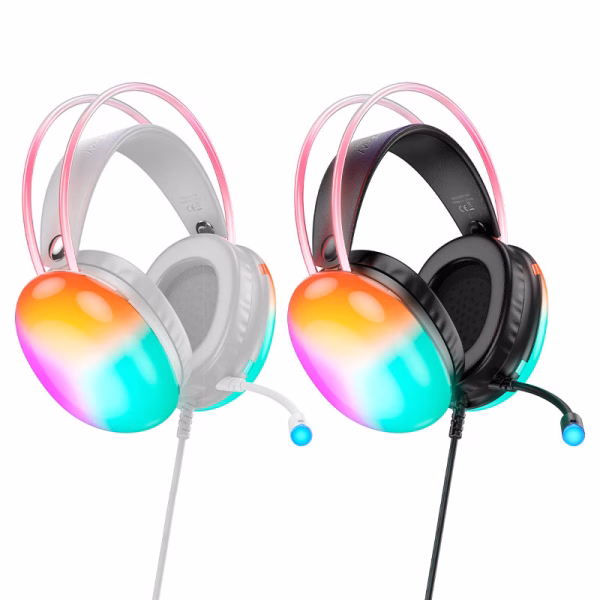 HOCO W109 Rich, casque filaire de jeu  effet d'éclairage RVB au niveau des écouteurs et du serre-tête, cache-oreilles en cuir