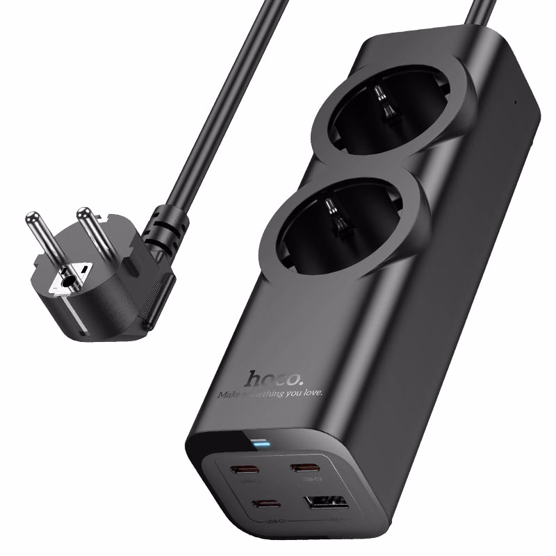 HOCO Algérie DZ - NS10 Wisdom – Station de charge 2 position PD67W (3C1A) – Version EU_GER – Solution élégante et performante pour une organisation fluide et efficace - Vue en perspective avec fiche EU HOCO NS10 – Station de charge PD67W avec fiche EU et 2 prises universelles pour Algérie