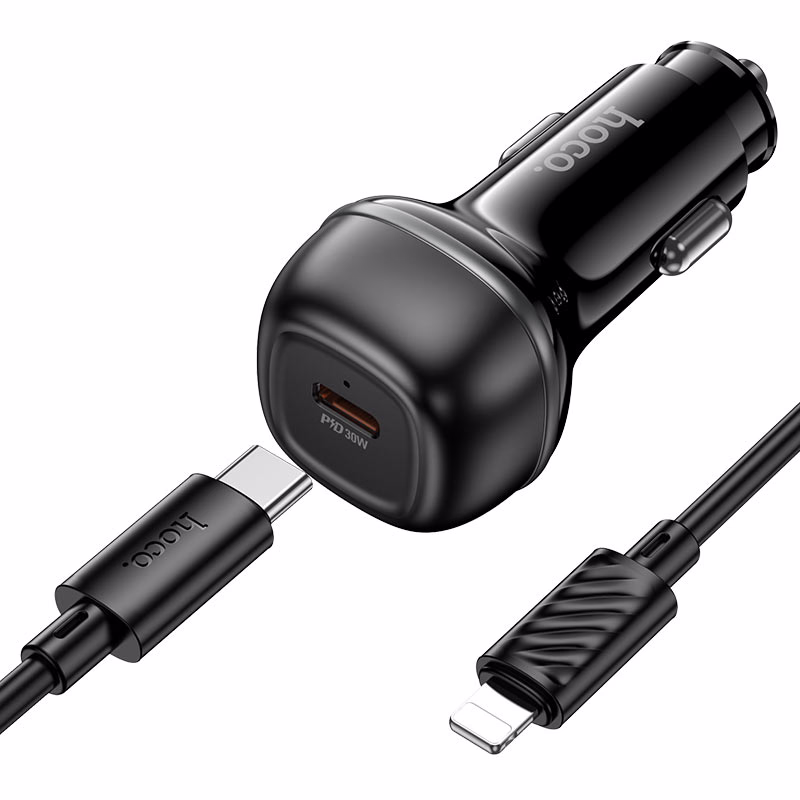 HOCO DZ - Z58 Rank – Chargeur de voiture rapide PD 30W avec câble (USB-C to Lightning) – Puissance et élégance à portée de main - black (4) HOCO Z58 Rank – Chargeur de voiture rapide PD 30W avec câble (USB-C to Lightning) - Puissance et élégance à portée de main – Image 1
